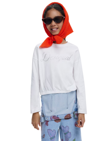 Desigual PLAIN T-SHIRT WITH RHINESTONE LOGO "White"