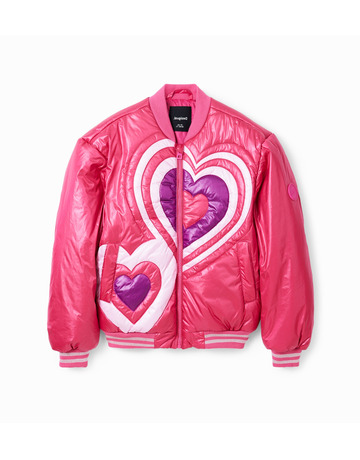 Desigual Girls Quilted Heart Bomber Jacket "Fuchsia"