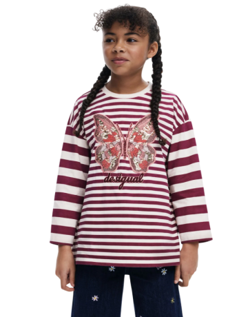 Desigual Striped T-shirt with butterfly beads "Eggplant"