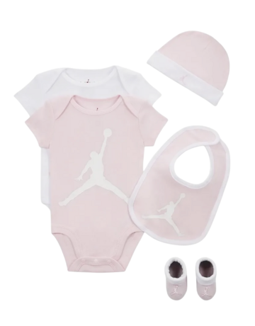 Jordan Bebé Juego de 5 Piezas dos Bodies,Gorro,Patucos y Babero JHN Jumpman "Pink-White"