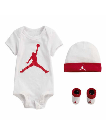 Jordan JHN Jumpman Infants Hat/ Bodysuit /Bootie Set 3pc (0-6M) "White-Gym Red"
