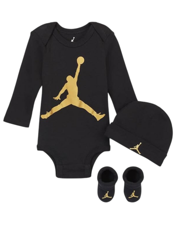 Jordan Bebé Juego de 3 Piezas Body Manga Larga, Gorro y Patucos JHN Jumpman "Black Gold"
