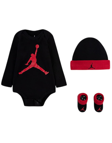 Jordan Bebé Juego de 3 Piezas Body Manga Larga, Gorro y Patucos JHN Jumpman "Black Red"