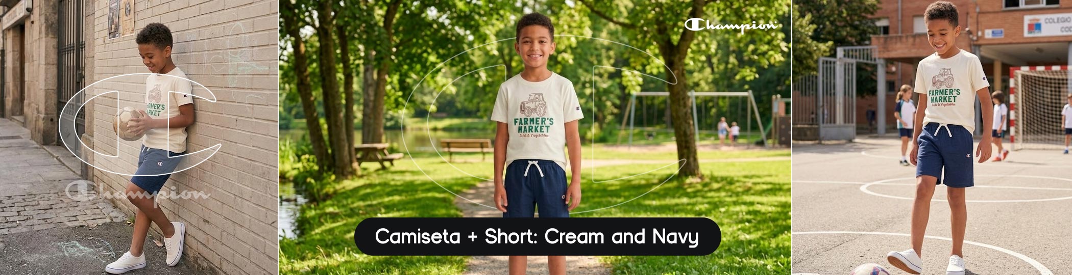 Conjunto Niño Camiseta + Short Champion Graphic Cream and Navy