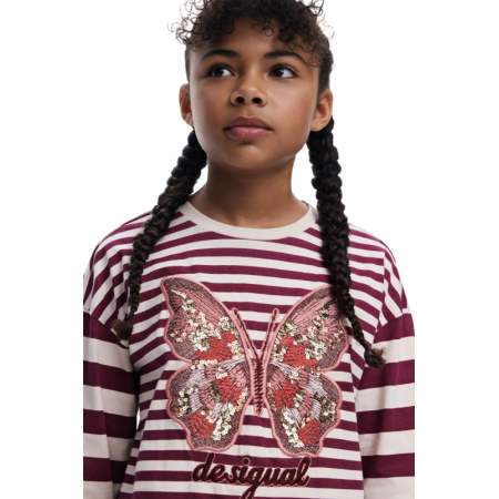 Desigual Striped T-shirt with butterfly beads "Eggplant"
