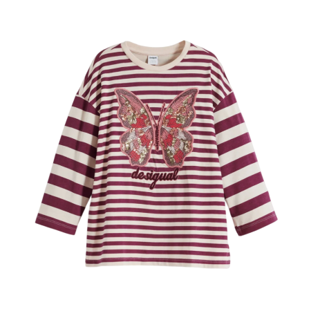 Desigual Striped T-shirt with butterfly beads "Eggplant"